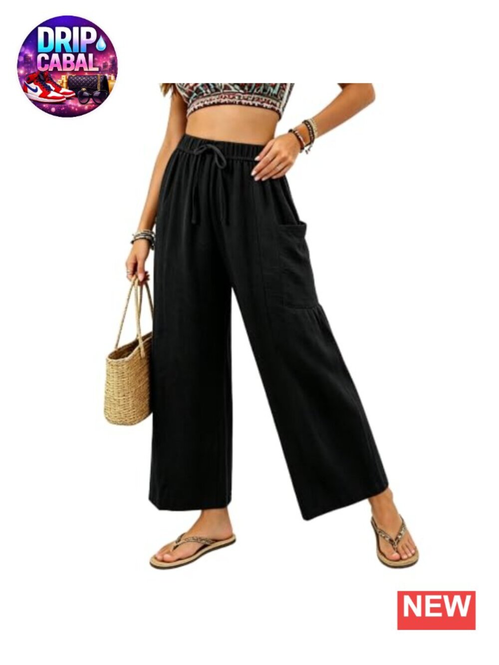 Wide Leg Cropped Pants Drawstring Casual Palazzo Lounge Trousers with Pockets